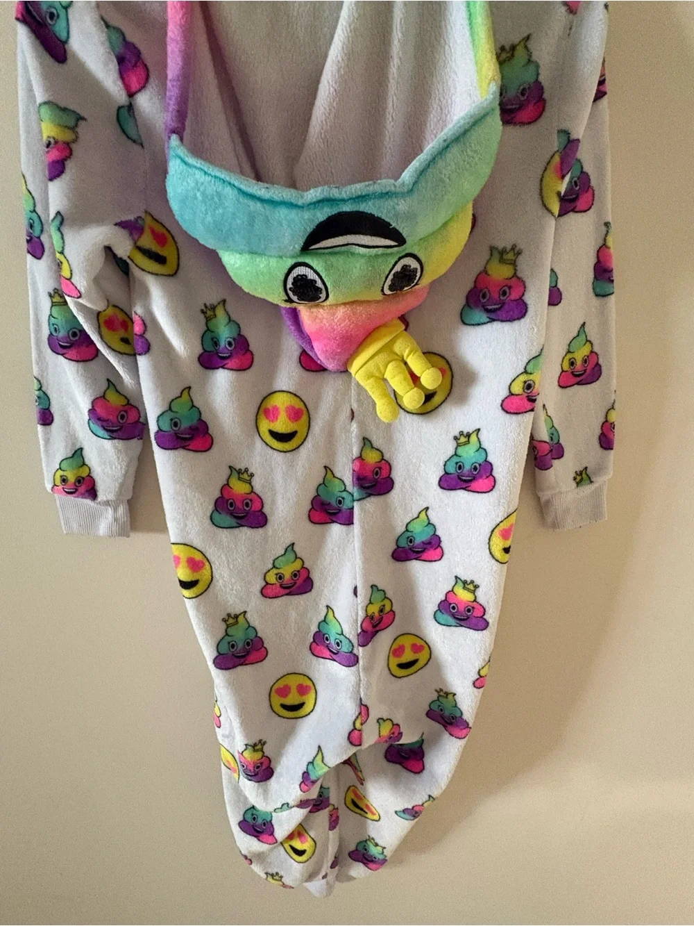 Rainbow Emoji Fleece One-Piece  with Hood.  Soft and comfortable.